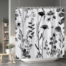 Baocicco Black and White Flower Shower Curtain Set - Farmhouse Floral Vintage Botanical Fashion for Bathroom 72x72 Inch Polyester Waterproof Decor Accessory