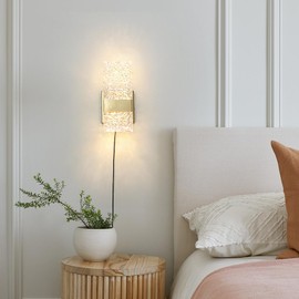 Plug in Wall Sconce Set of 2 - Small Gold Dimmable Bedroom Wall Light, Remote Control 6W LED 3000K-5000K Plug-in Wall Lamp with Timer, Acrylic Sconce Wall Lighting Bedside, Living Room, Bathroom