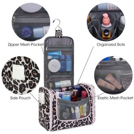 Large Hanging Toiletry Wash Bag Travel Makeup Cosmetic Organizer for Men Women by WANDF (Pink Leopard)