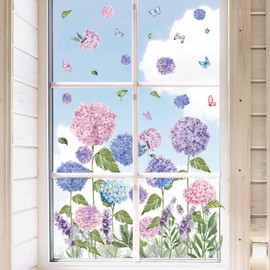 JarThenaAMCS 81Pcs Spring Summer Hydrangea Window Clings Hydrangea Lavender Butterfly Window Stickers Double-Side Floral Glass Decals for Home Office School Party Shop Display Decoration