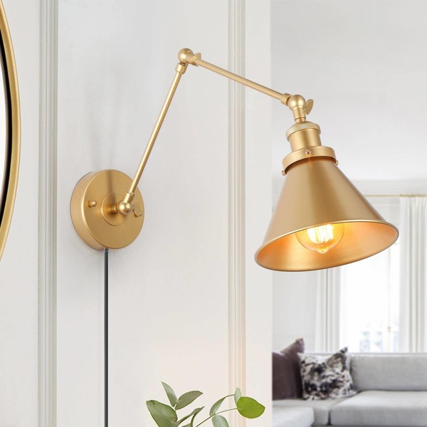 Gold Wall Sconces Lighting, Modern Plug in or Hardwired Adjustable Swing Arm Wall Lamp for Bedroom, Living Room and Kitchen