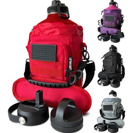 LUNCHALOT 1 Gallon Water Bottle - 128 Oz Insulated Stainless Steel Metal Water Bottle with Holder - Carrying Bag - Spout Handle - Straw Lids - Keep Cold & Hot - Red Tactical Flask