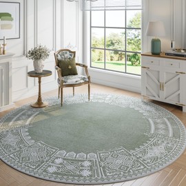 NICETOWN 6ft Round Rugs Green Boho Wahsable Rug, Thin Non-Slip Entryway for Bedroom Durable Carpet, Non-Slip Faux Wool Soft Oriental Medallion Living Room Dining Room Carpet, Sage Green, 6ft