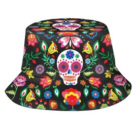 Mexican Skull Floral Skeleton Bucket Hat Sun Beach Packable Fisherman Cap for Women Men Summer Outdoor Hiking