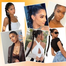 2 Packs Long Braided Ponytail Extension For Black Women Soft Synthetic Hair Piece For Women with Hair Tie Straight Wrap Around Ponytail Braided Hair Extensions pre Stretched (1b-green)