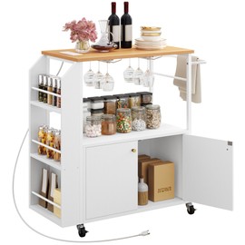 YITAHOME Mobile Kitchen Island Cart with Power Outlet, 33 Inch Rolling Kitchen Cart with Storage, Small Serving Utility Carts on Wheels with Open Shelves for Kitchen, Dining Room, White