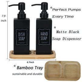 LuHeToz 16OZ Modern soap Dispenser Set with Bamboo Tray and Stainless Steel Pump and Four Waterproof Labels. Luxury Soap Bottle for Kitchen,Bathroom. (2, Black 2pack)