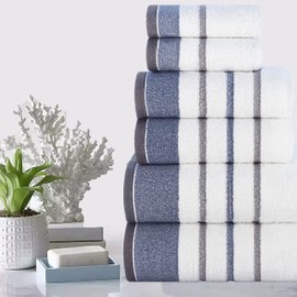 CASA COPENHAGEN White Bay, 6 Pieces Towel Set- White with Blue and Grey Border, 600 GSM, 2Bath, 2Hands, 2Washcloths Egyptian Cotton Towel for Hotel Spa Kitchen Bathroom Kitchen & Shower