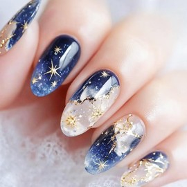 24Pcs Milky Way Press ons Fingernails Glossy Gold Glitter Medium Almond False Nail Stars Gel Glue on Acrylic Fake Nails Blue Gradient Stick on Nail Starry Sky Press on Nails for Holiday Manicure Art