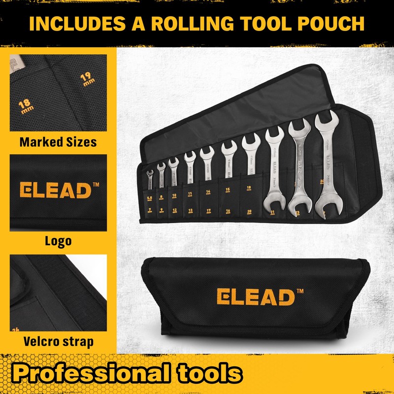 ELEAD Super-Thin Open End Wrench Set | 10-Piece Metric 5.5-27mm