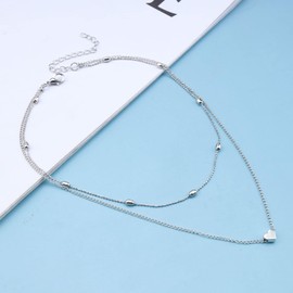 Cimenexe Bohemian Layered Heart Choker Necklace Tiny Heart Pendant Necklace Chain Love Heart Collarbone Necklace Short Silver Satellite Choker Necklace Jewelry for Women and Girls