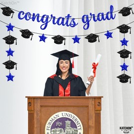 XtraLarge, Glitter Congrats Grad Banner - 10 Feet, No DIY | Navy Blue and Black Congratulations Banner for Graduation Party Decorations 2022 | Graduation Cap Garland for Graduation Decorations 2022