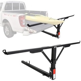 ECOTRIC 750lbs Capacity Black Truck Bed Extender Pickup Truck Bed Hitch Mount Extension Rack SUV Lumber Ladder Canoe Boat Kayak Long Pipes w/Flag - Powder Coated Steel