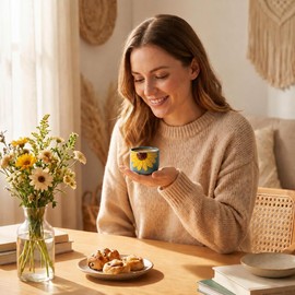GABROC Sunflower Espresso Cups Set of 4-5 Oz Demitasse Blue Mugs