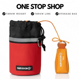 SURVIVOR Arborist Throw Line Kit - Includes 14 OZ Throw Weight, 200 LB Throw Line, & Storage Case - Rugged Tree Climbing Gear with Arborist Rope, Arborist Throw Bag, & Storing Case (Red)