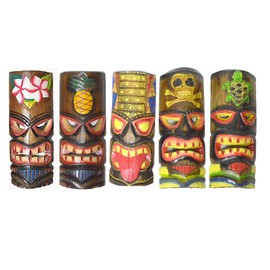 WorldBazzar NEW Set of 5 Hand Carved Polynesian Hawaiian Tiki Style Masks 12" Tall TURTLE FLOWER PARROT PALM SUN