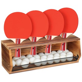 Ping Pong Storage Rack, Wall-Mount Table Tennis Paddle Display Holder with Ball Storage Shelf, Pine-Wood Ping Pong Racket Organizer Accessories Set for Game Room, Bar, Garage, Office, Home