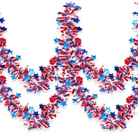 Patriotic Garland for Tree 4th of July Garland Labor Day Decorations Tinsel Twist Garland, Red, White and Blue, 2.5 Inch x 30 ft Party Supplies for Window, Porch, Wall, Ceiling, Door (Red Tassel)