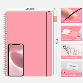 RETTACY Dotted Notebook, A4, Bullet Dot Journal, Lightweight, Pad, for Students, 110 Sheets/55 Pages, for Writing, 100 gsm, PVC, Spiral Binding, for Women, Men, Work, Office, 21.5 x 27.9 cm, Pink