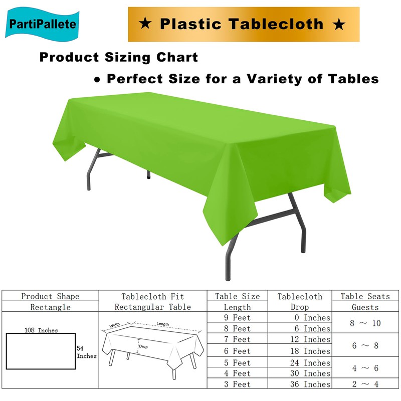 PartiPallete 3-Pack Premium Plastic Light Lime Green Tablecloth Disposable 54"