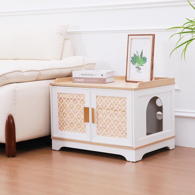 Boho Cat Litter Box Enclosure, Hidden Cats Washroom with Woven
