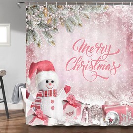 Christmas Snowman Shower Curtain for Bathroom, Winter Cute Xmas Pink Snowman Pine Tree Theme Decor Bath Curtains, Holiday Home Indoor Bathroom Decorations 69x72 with Hooks