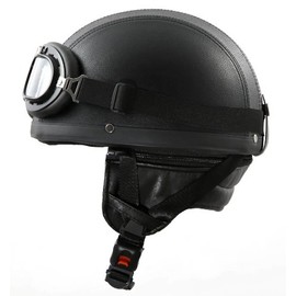 H110 Vintage Motorcycle Helmet with Goggles - Sizes XS to XL - Colours White, Glossy Black or Matte Black, XL 61cm, Leather
