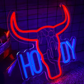 Howdy Longhorns Neon Signs for Wall Decor Cow Skull LED Light Cowboy Cactus Sign Bull Wall Art Signs for Man Cave Howdy Signs for Garage Western Decor Cool Gifts for Men BoysSize 13.6*13.2in(GLND359)