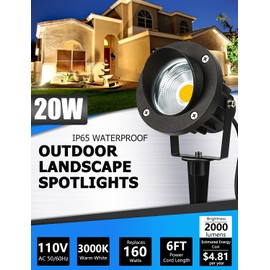 SUNVIE 20W Outdoor Spotlight LED Landscape Lighting 120V AC Waterproof Yard Spot Lights Outdoor with Stake for Tree Flag Lights 3000K Ultra Warm White Lawn Decorative Lamp with US 3-Plug in (2 Pack)