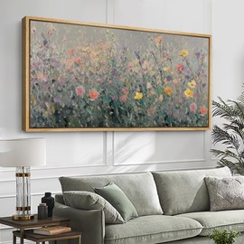 SIGNFORD Extra Large Framed Canvas Print Wall Art Colorful Wildflower Field Impressionist Floral Illustrations Modern Art Calm Warm for Living Room, Bedroom, Office - 60"x30"