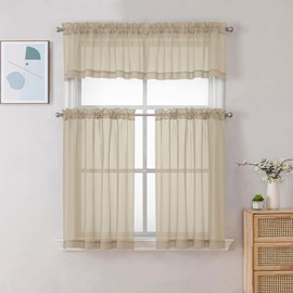 Chyhomenyc Taupe Sheer Curtains 24 Inch Length, Short Window Curtains for Bathroom Living Room Basement, Light Filtering Small Cafe Curtains, 42W x 24L Inches, 2 Panels