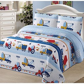 Kids Zone Home Linen 2pc Twin Bedspread Coverlet Quilt Set for Boys Construction Work Road Trucks Blue Red Yellow