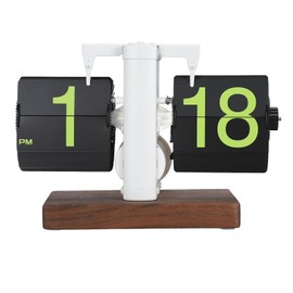 Digital Flip Clock 12h Single Sided Large Numbers Automatic Retro Mechanical Flip Clock Wood Base for Living Room Frosted White Frame Green Page