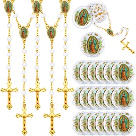 Jadive Jadive 100 Pcs Our Lady of Guadalupe Scented Rosary Beads Necklace with Gift Box Wooden Bead Rosary Necklace with Crucifix for Women Men First Communion Baptism Party Favors(White, Gold)