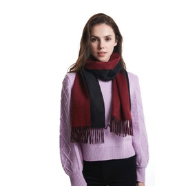 EURKEA 100% Cashmere 2024 Winter Scarf for Women, Fringed Edges, Warm & Soft, Lightweight, Gift Ready, Solid/Plaid/Two-Tone, Black and Burgundy, Free Size