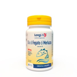 LongLife® Olio di fegato di merluzzo 500 mg | Ricco di omega 3 | Titolato in EPA, DHA, vitamina A e vitamina D3 | Crescita, sviluppo e difese immunitarie | Fino a 1 mese di trattamento | Senza glutine