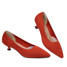 AHZEHRSE Womens Kitten Heels Pumps Shoes Comfortable Knit Closed Toe Heels for Women Work Office Casual Wedding Dressy, Orange Red, 8