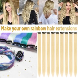TOFAFA 22 inch Colored Hair Extensions, Multi-colors Party Highlights Clip in Synthetic Hair Extensions, Color Party Highlights Hairpieces for Girls Women(10 PCS Blonde)
