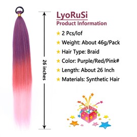 2 Pack Pink Ponytail Extension with Elastic Tie Straight Sleek Wrap Around Braid Ponytail Red Gradient 26 Inch (Purple/Red/Pink#)