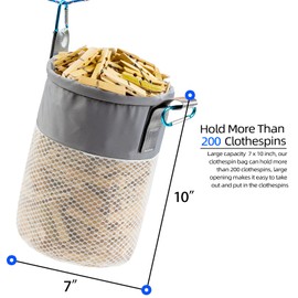  Mesh Clothespin Bag Holder Outside, Ventilation and Moisture Resistance, Multiple Hanging Methods Clothes Pin Bag with Drawstring Closure, Large-Capacity Clothespin Storage Organizer with Hooks