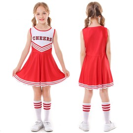 LOLANTA Girls Cheerleader Costume, School Musical Red Cheerleading Uniform Outfit with Pom Poms(8-9 Yrs,Red,Tag 140)
