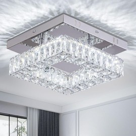 YPQXYHDA Mini Modern Crystal Chandeliers Square Flush Mount Ceiling Light LED Chandelier for Hallway Kitchen Foyer Dining Room,Dia 9.8",18 W 6000K