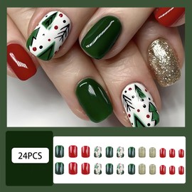 24Pcs Christmas Press On Nails Medium, Christmas Nails Glue On，Christmas Fake Nails With Glue, Red and Green Christmas Nails Press On With Christmas Tree Balls Design，Stick On Nails for Women
