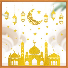4 Sheets Gold Glitter Eid Mubarak Window Stickers Ramadan Kareem Window Clings for Glass Window Decorations