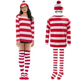 Adult Red White Striped Shirt Waldo Costume Women Cosplay Crewneck Sweatshirt with Glasses Hat Outfits (Red, Large)
