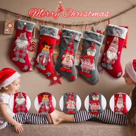 Acina 5 Pcs Christmas Stockings, 18.9" Swedish Santa Gnome Stockings for Family Fireplace Hanging Stockings Set, Xmas Socks with 3D Plush Character for Christmas Decorations