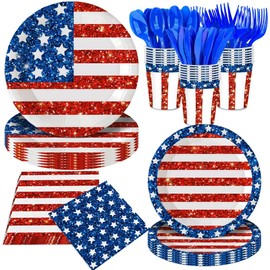 JLCFUTURE 168Pcs Glitter Independence Day Party Decorations Star and Striped Plates and Napkins 4th of July Patriotic Party Supplies Paper Plates American Memorial Day Decorations, Serve for 24 Guest