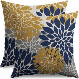 Yellow and Blue Throw Pillow Covers 18X18 Inch Set of 2, Navy Yellow Gray Grey Dahlia Floral Print Modern Decorative Pillow Covers Outdoor Farmhouse Cushion Case for Home Couch Sofa Bed Decoration