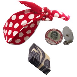Rosie the Riveter in a Box. Feminist Empowerment, Artisan Soap, Polkadot Bandana, Enamel Collar Pin, Embroidered Name Patch