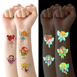 AOMIG Temporary Tattoo for Kids, 10 Sheets Glow In The Dark Cartoon Flower Fairy Tattoo Stickers, Waterproof Luminous Fake Tattoo Stickers Set for Boys Girls Birthday Gift Party Bag Filler